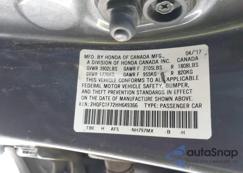 2017 Honda Civic Ex-L z USA, uszkodzony, nr VIN 2HGFC1F72HH649366